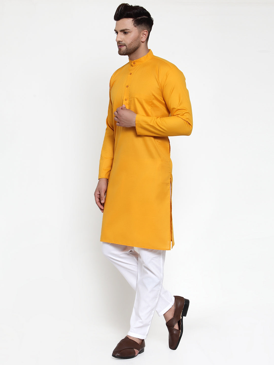 Jompers Men Mustard Yellow & White Solid Kurta with Churidar | Grocsy