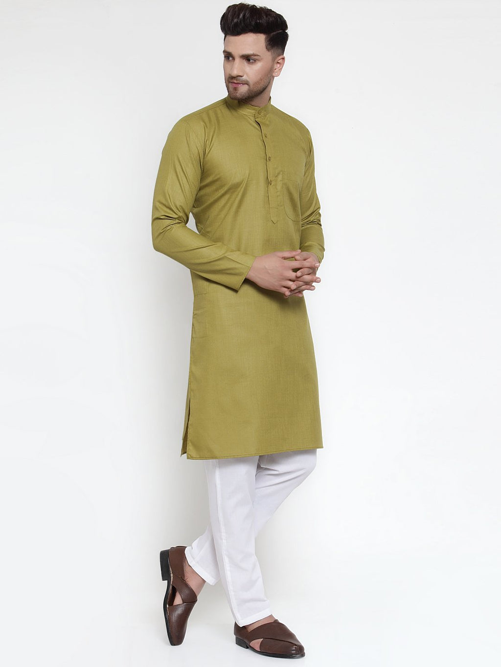 Jompers Men Olive Green & White Solid Kurta Only | Grocsy