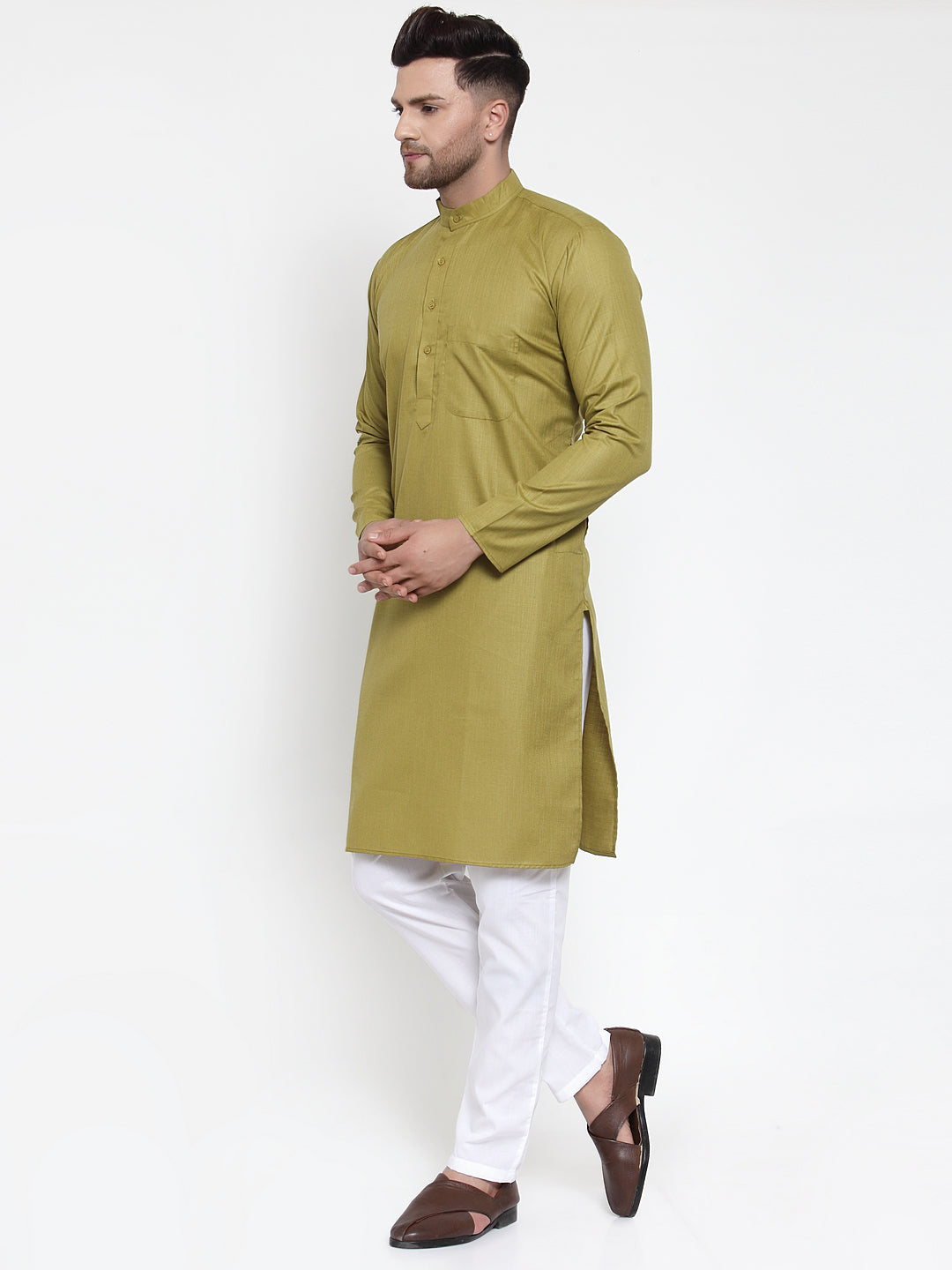 Jompers Men Olive Green & White Solid Kurta with Churidar | Grocsy