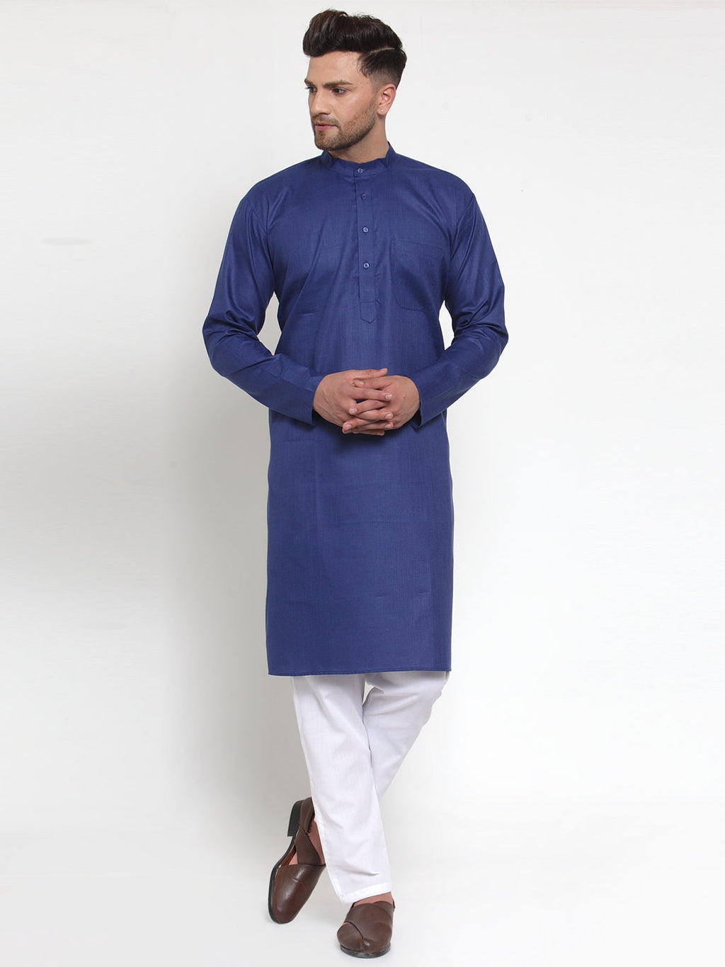 Jompers Men Royal-Blue & White Solid Kurta with Churidar | Grocsy