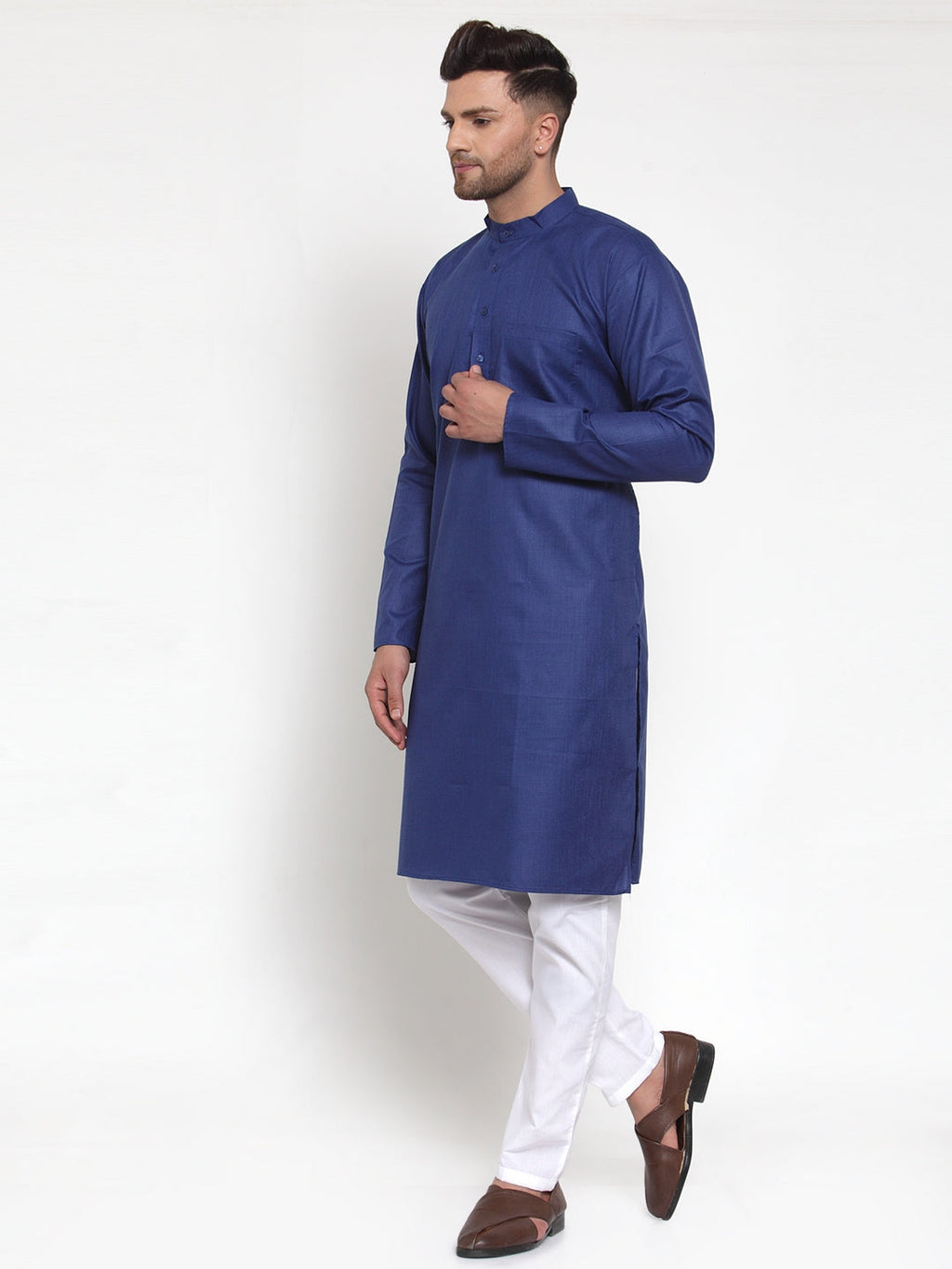 Jompers Men Royal-Blue & White Solid Kurta with Churidar | Grocsy