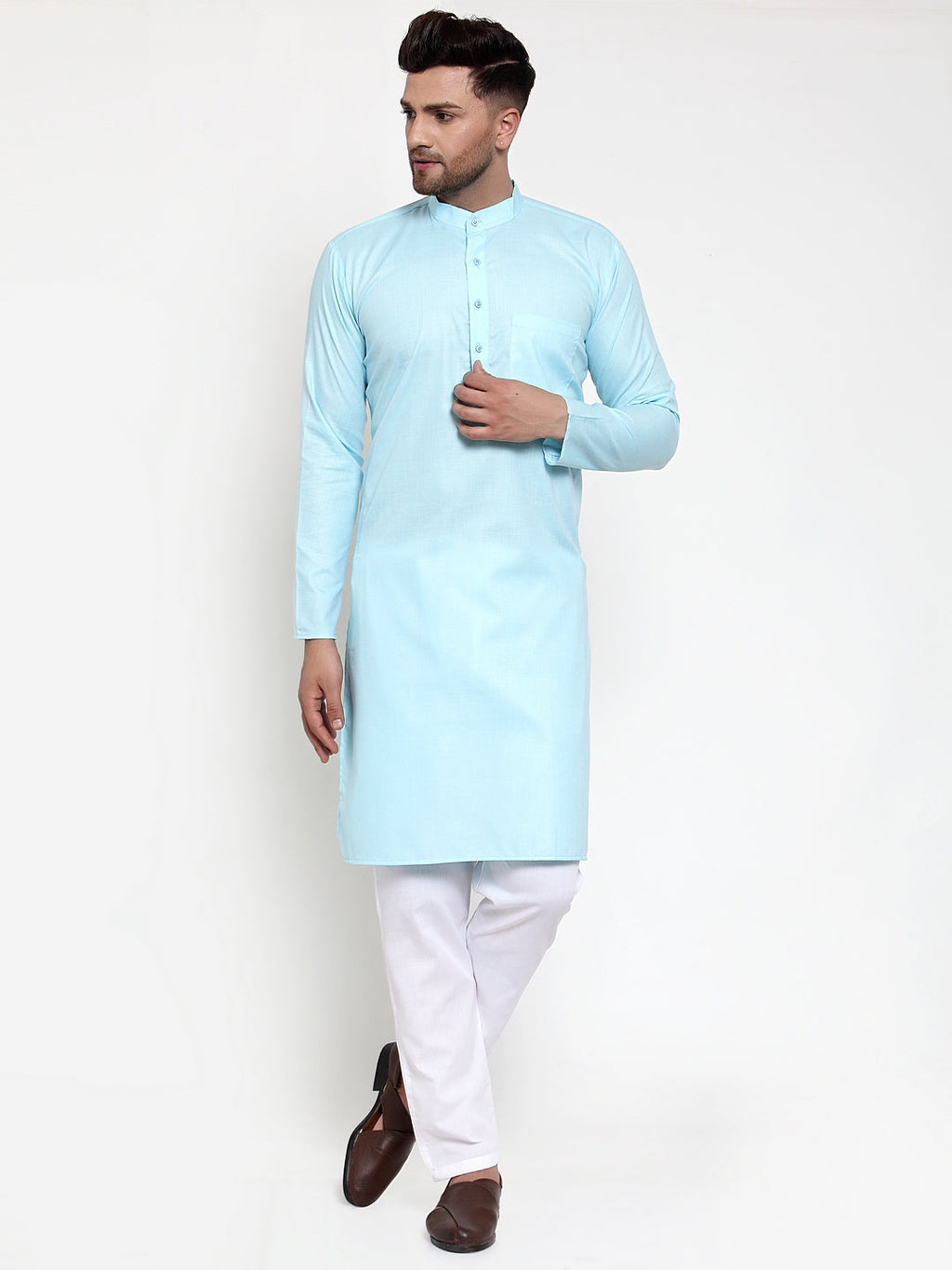 Jompers Men Sky-Blue & White Solid Kurta with Churidar | Grocsy