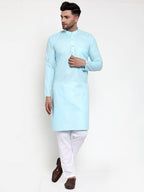 Jompers Men Sky-Blue & White Solid Kurta Only | Grocsy