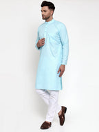 Jompers Men Sky-Blue & White Solid Kurta with Churidar | Grocsy