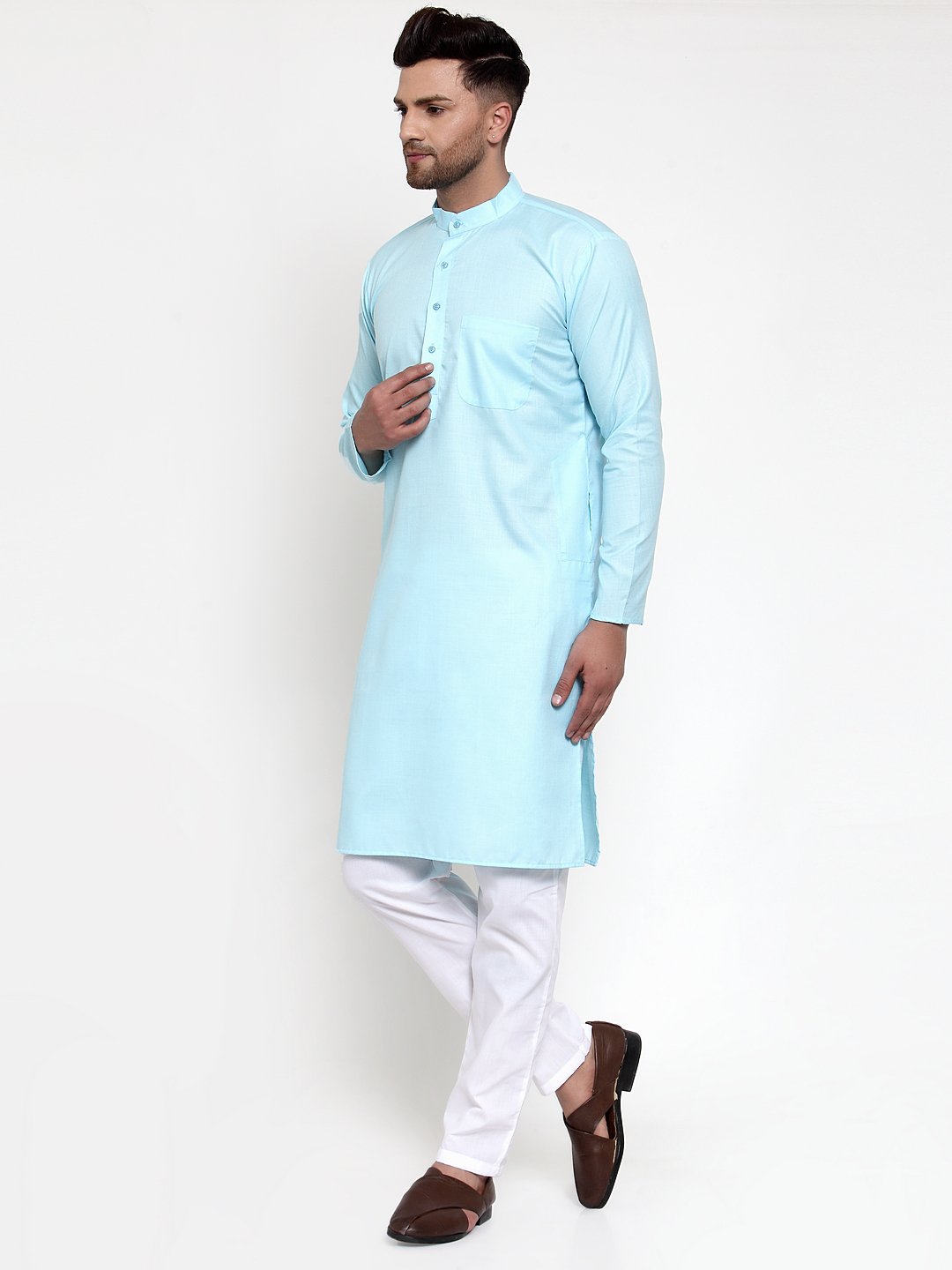 Jompers Men Sky-Blue & White Solid Kurta Only | Grocsy