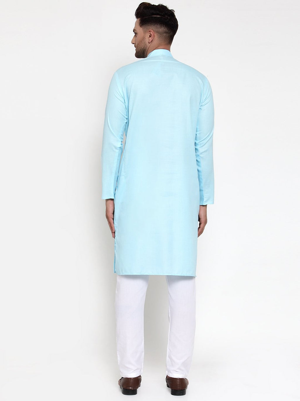 Jompers Men Sky-Blue & White Solid Kurta Only | Grocsy
