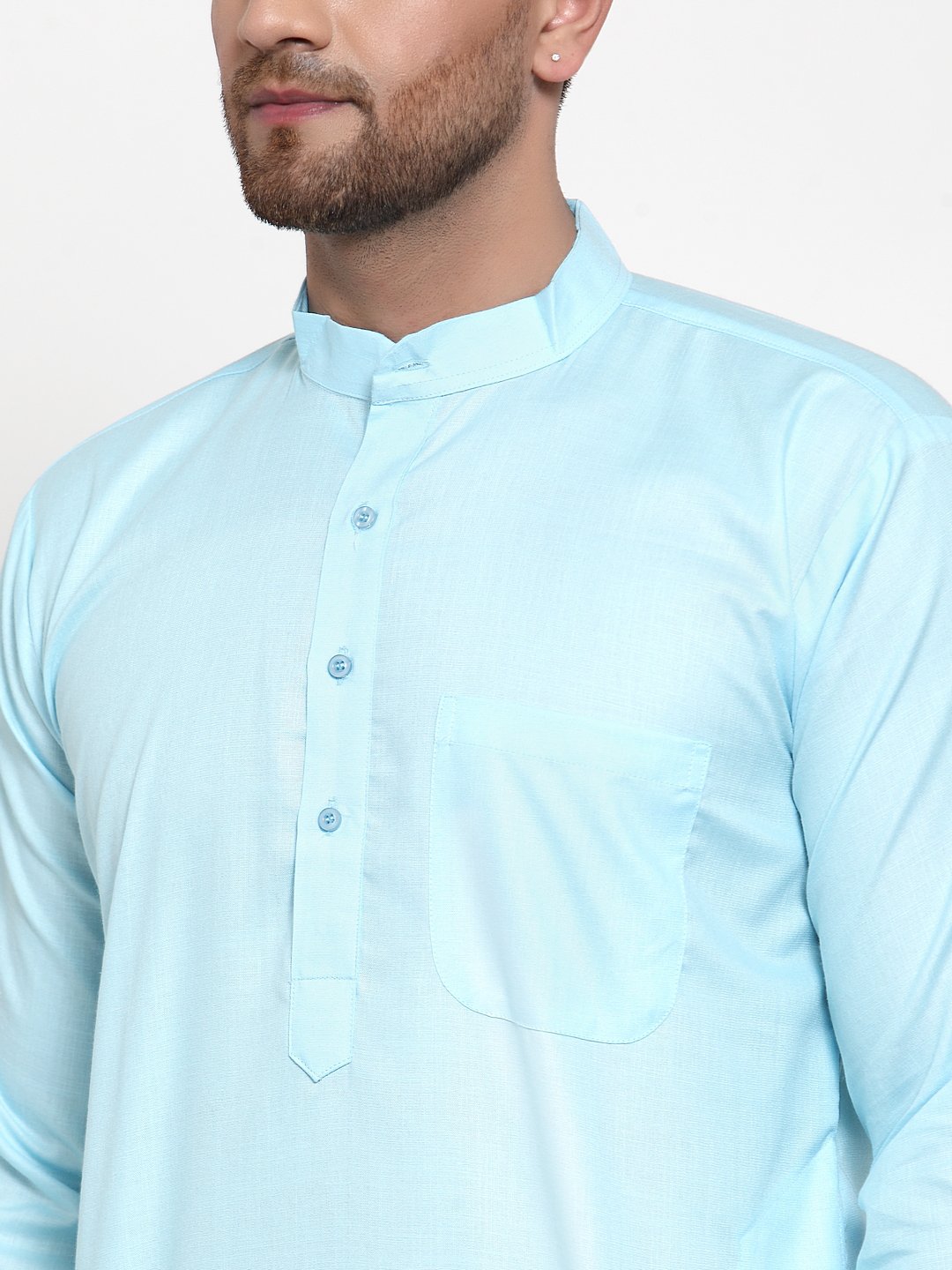Jompers Men Sky-Blue & White Solid Kurta Only | Grocsy