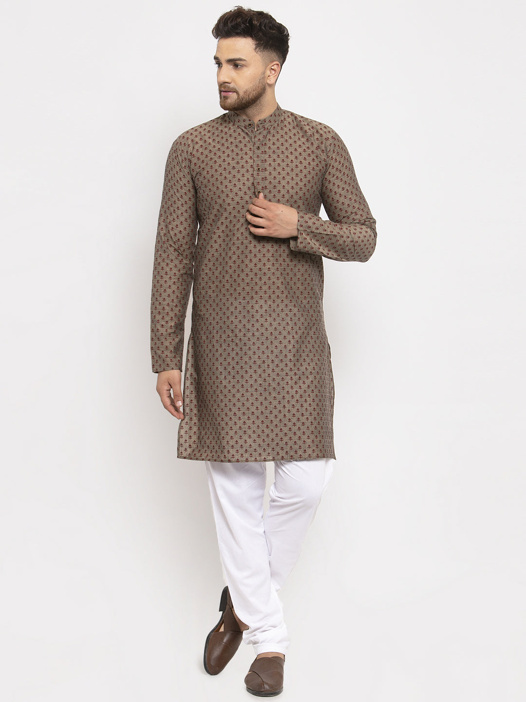Jompers Men Grey Cotton Printed Kurta with Pyjamas | Grocsy