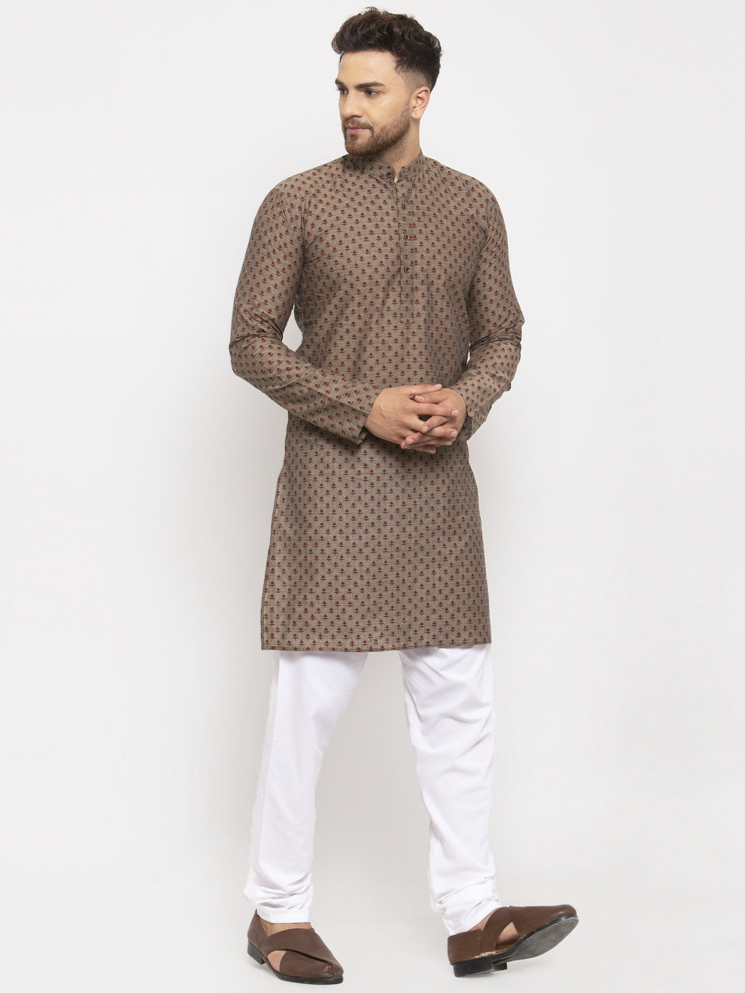Jompers Men Grey Cotton Printed Kurta with Pyjamas | Grocsy