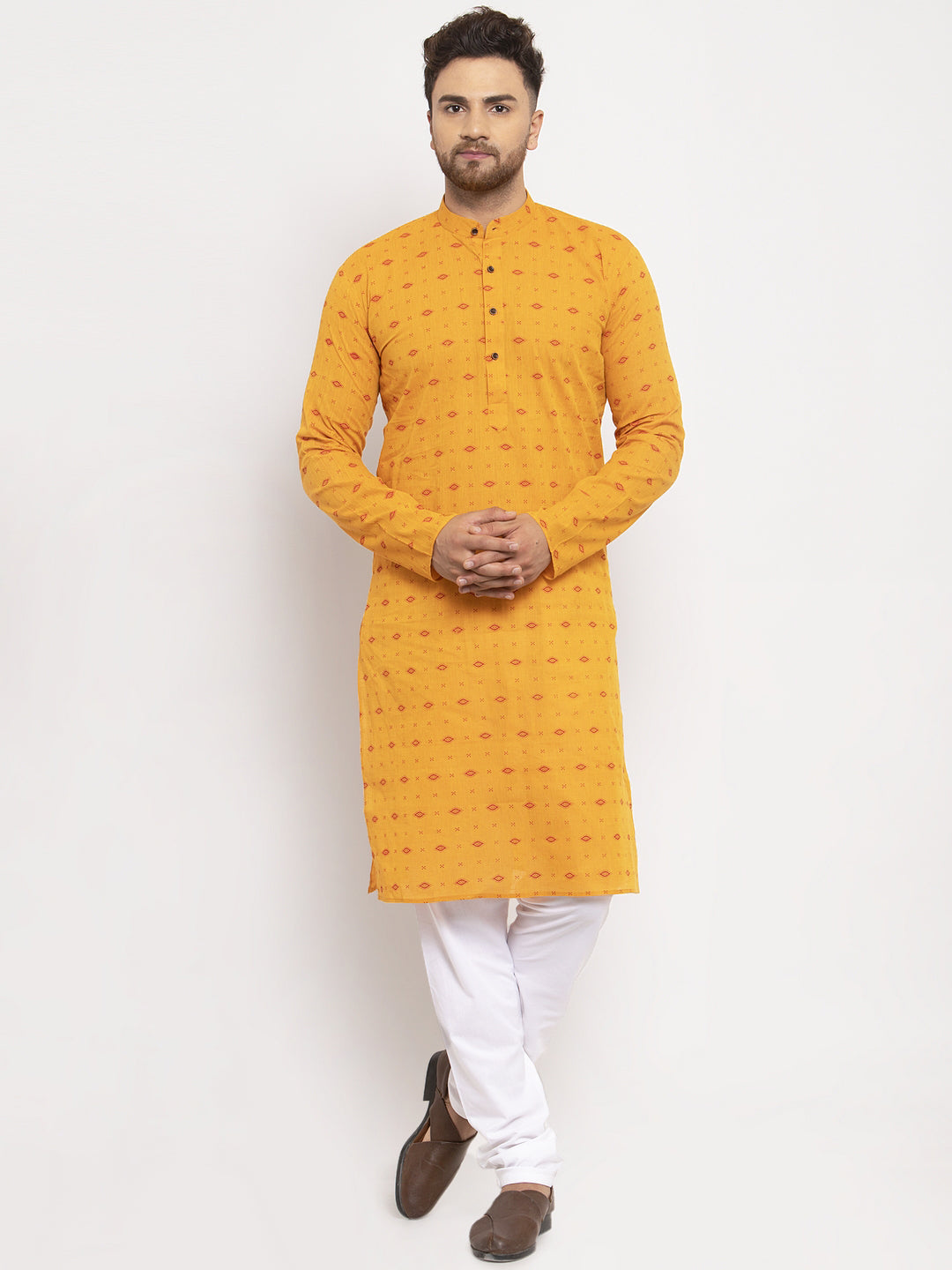 Jompers Men Yellow & White Cotton Printed Kurta with Pyjamas | Grocsy