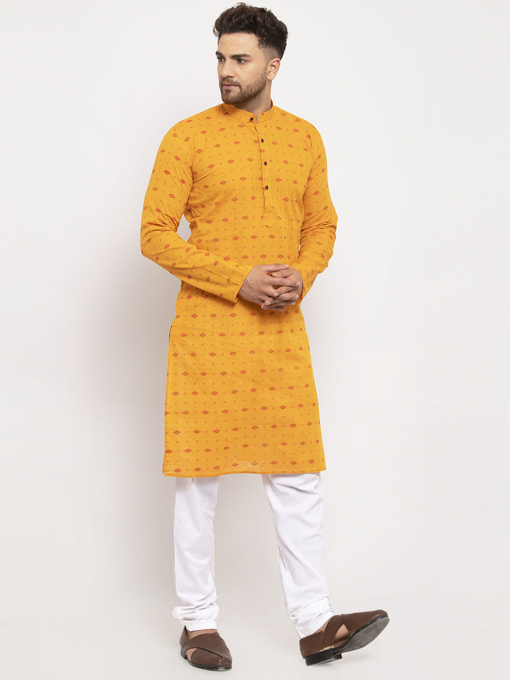 Jompers Men Yellow & White Cotton Printed Kurta with Pyjamas | Grocsy