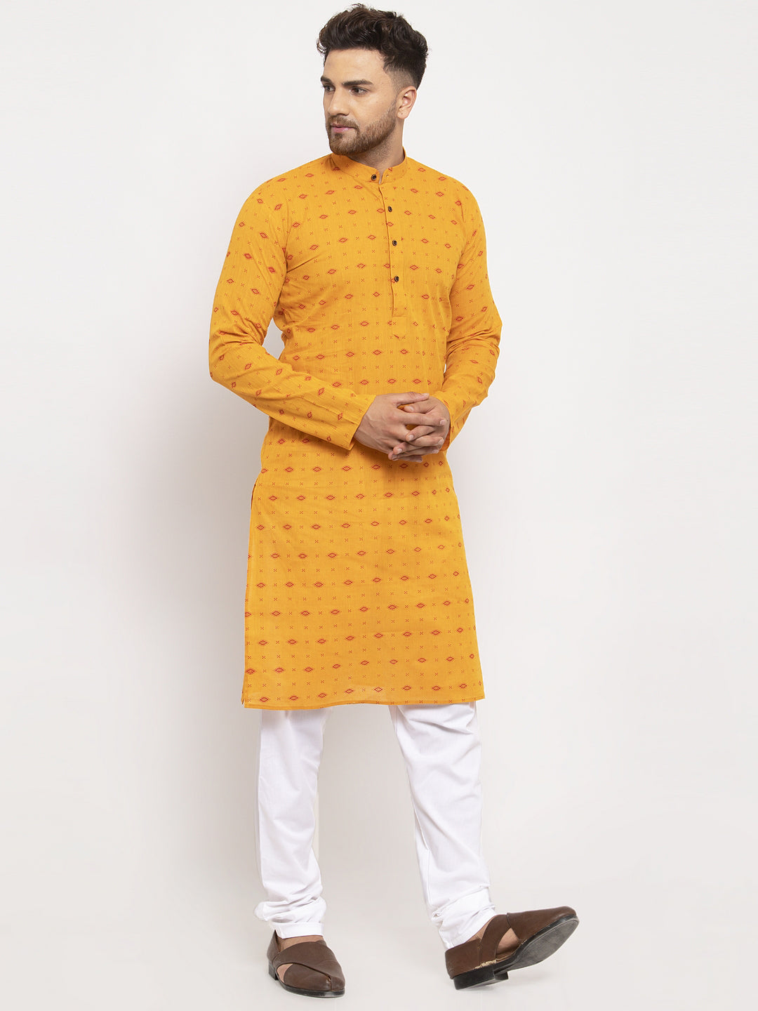 Jompers Men Yellow & White Cotton Printed Kurta with Pyjamas | Grocsy