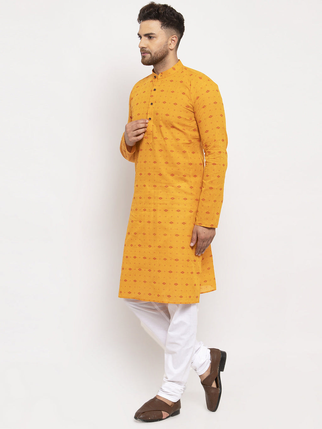 Jompers Men Yellow & White Cotton Printed Kurta with Pyjamas | Grocsy
