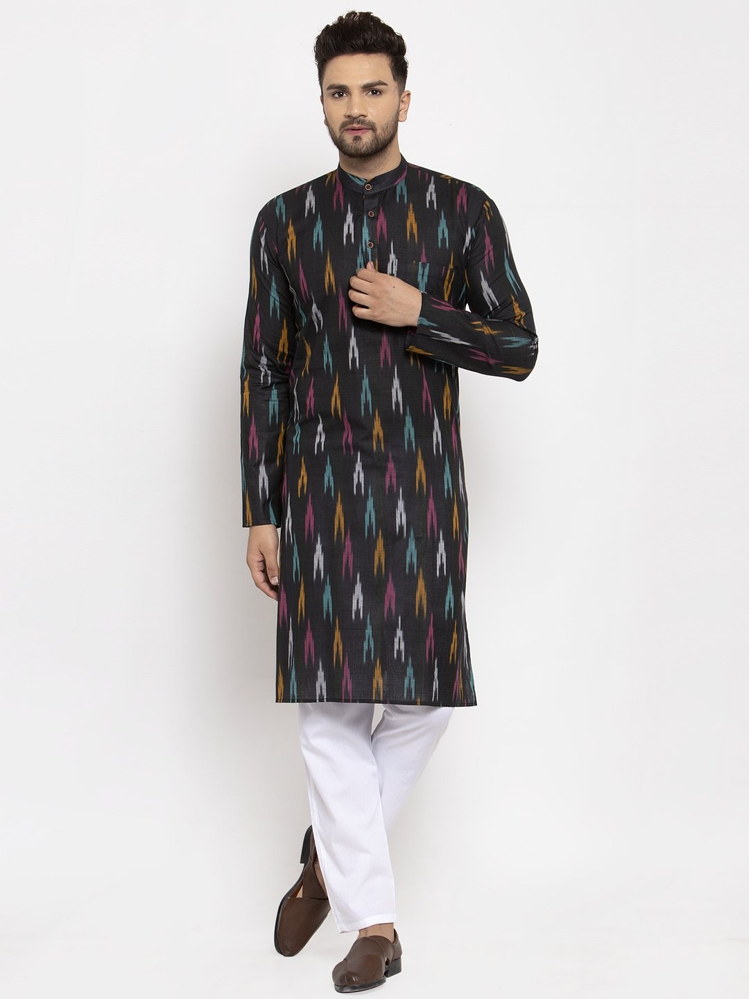Jompers Men Black Woven Design Ikkat Straight Kurta Only | Grocsy