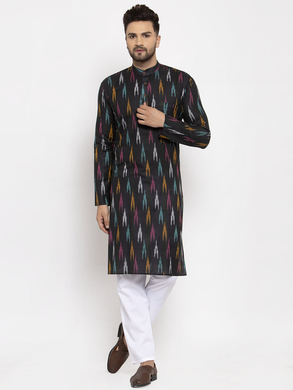 Jompers Men Black Woven Design Ikkat Straight Kurta with Churidar | Grocsy