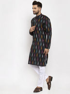 Jompers Men Black Woven Design Ikkat Straight Kurta with Churidar | Grocsy