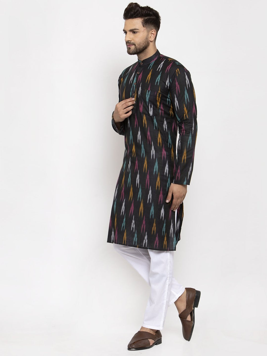 Jompers Men Black Woven Design Ikkat Straight Kurta Only | Grocsy
