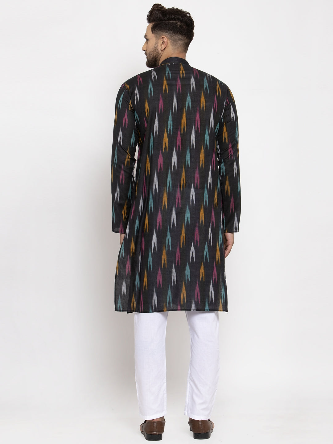 Jompers Men Black Woven Design Ikkat Straight Kurta with Churidar | Grocsy