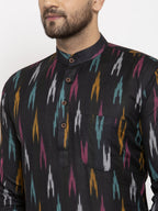 Jompers Men Black Woven Design Ikkat Straight Kurta with Churidar | Grocsy