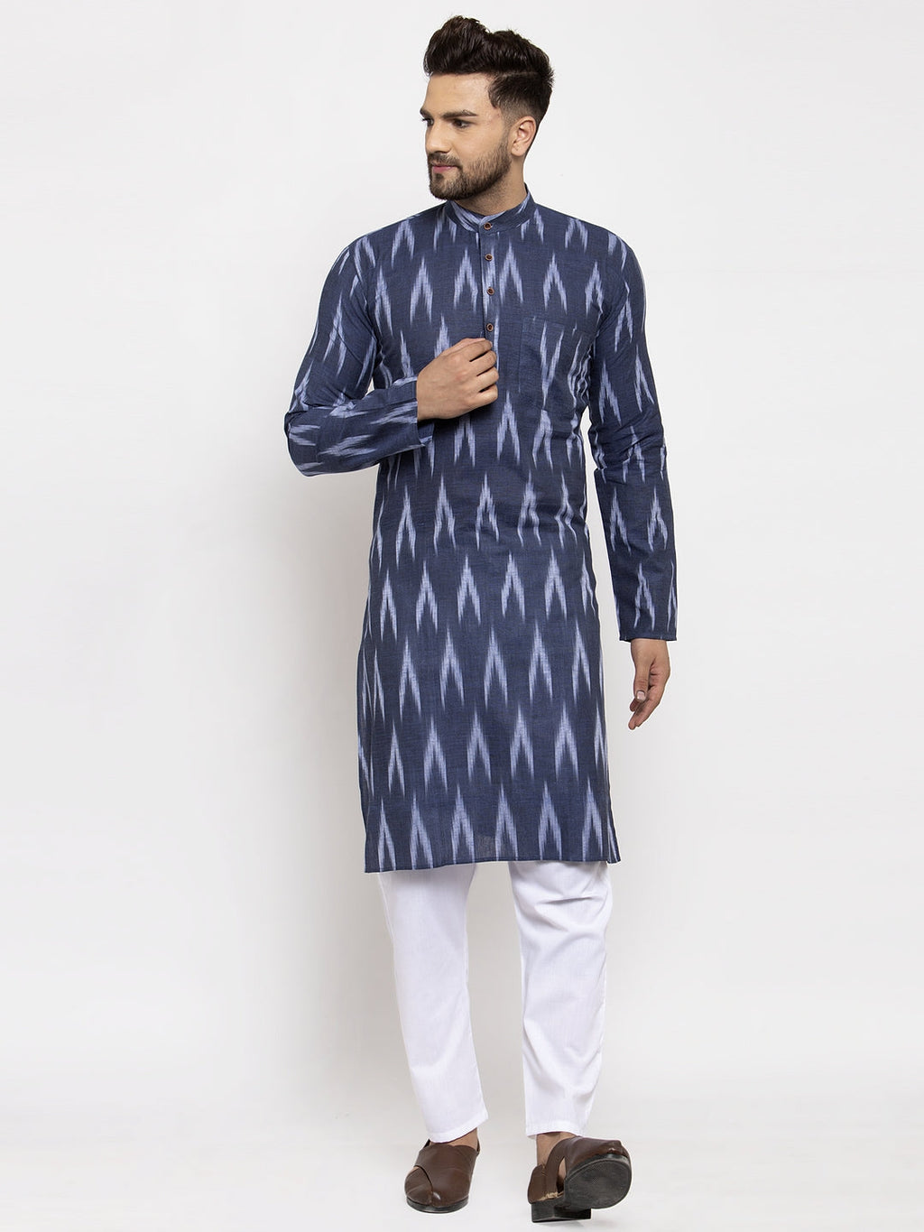 Jompers Men Blue Woven Design Ikkat Straight Kurta with Churidar | Grocsy