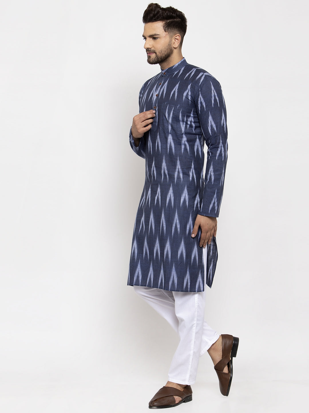 Jompers Men Blue Woven Design Ikkat Straight Kurta with Churidar | Grocsy