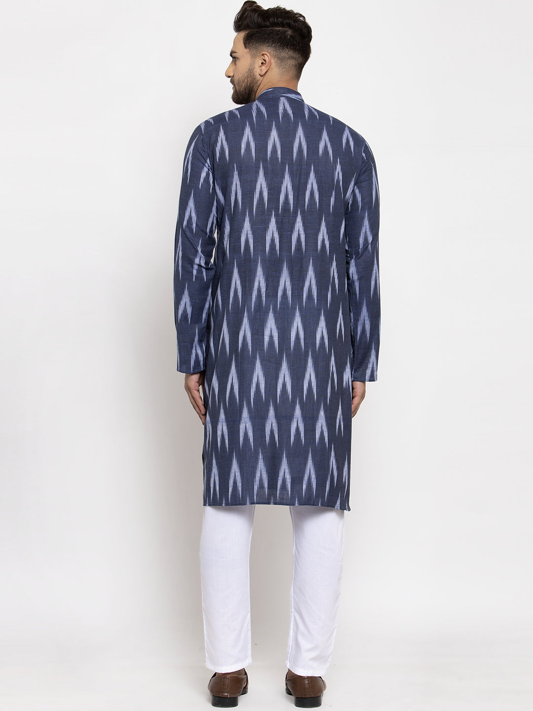 Jompers Men Blue Woven Design Ikkat Straight Kurta with Churidar | Grocsy