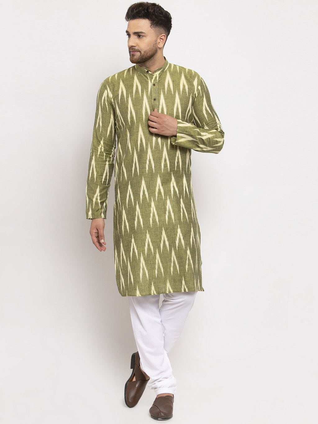 Jompers Men Green Woven Design Ikkat Straight Kurta Only | Grocsy