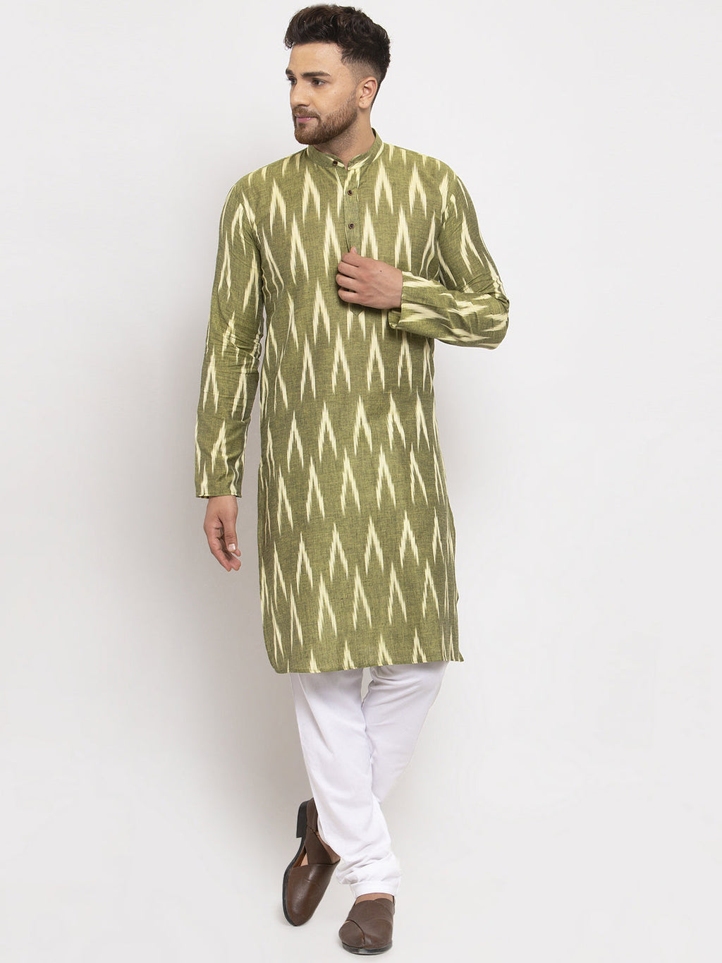 Jompers Men Green Woven Design Ikkat Straight Kurta with Churidar | Grocsy