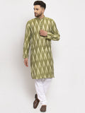 Jompers Men Green Woven Design Ikkat Straight Kurta with Churidar | Grocsy