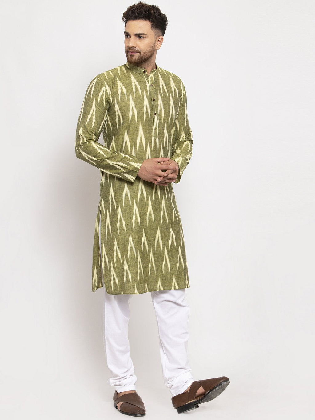 Jompers Men Green Woven Design Ikkat Straight Kurta Only | Grocsy