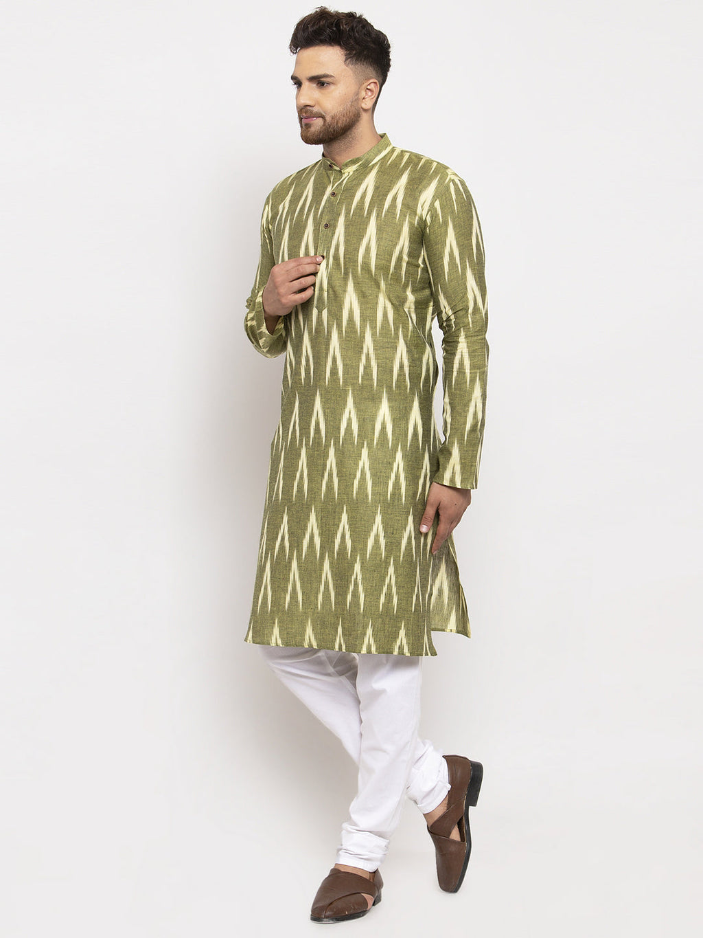 Jompers Men Green Woven Design Ikkat Straight Kurta with Churidar | Grocsy