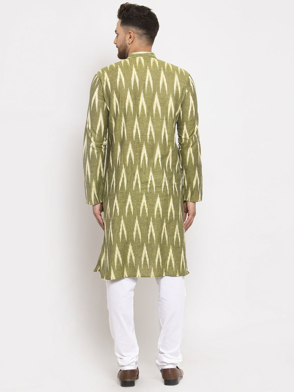 Jompers Men Green Woven Design Ikkat Straight Kurta with Churidar | Grocsy
