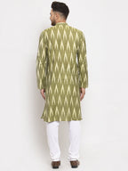 Jompers Men Green Woven Design Ikkat Straight Kurta with Churidar | Grocsy
