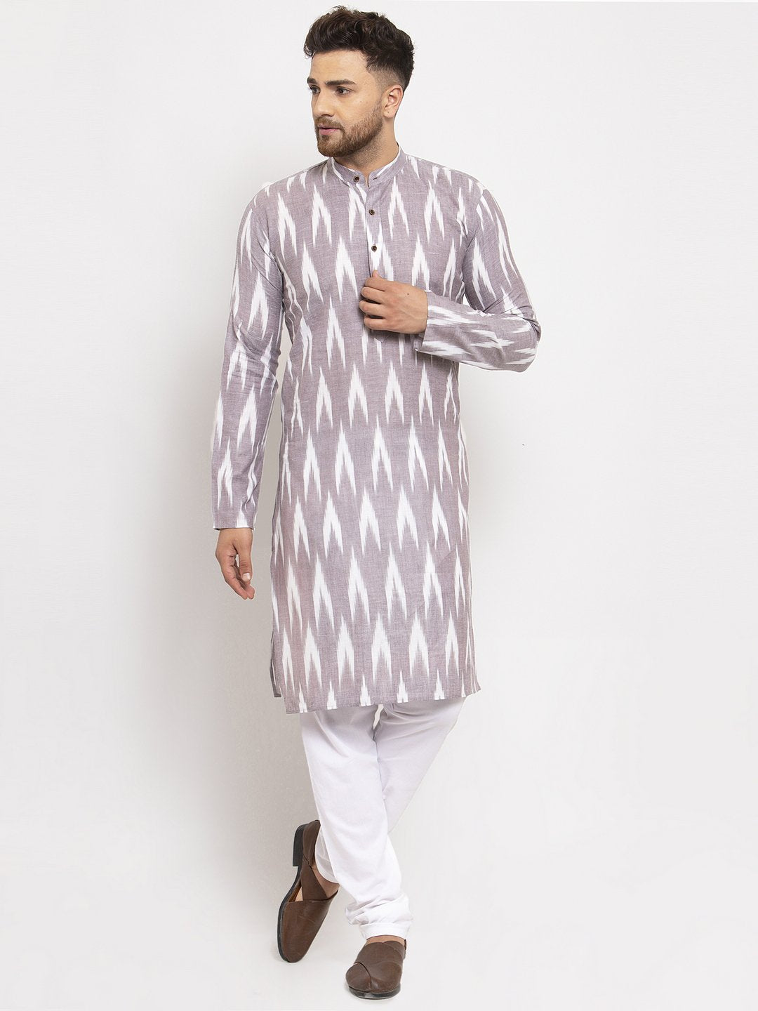 Jompers Men Grey Woven Design Ikkat Straight Kurta Only | Grocsy