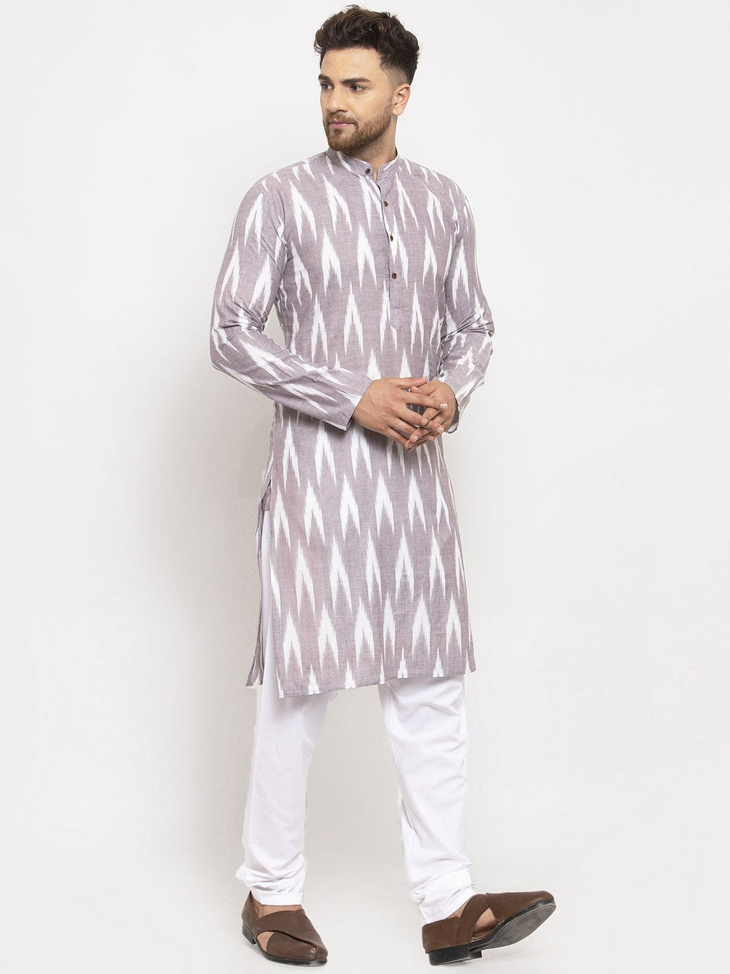 Jompers Men Grey Woven Design Ikkat Straight Kurta Only | Grocsy