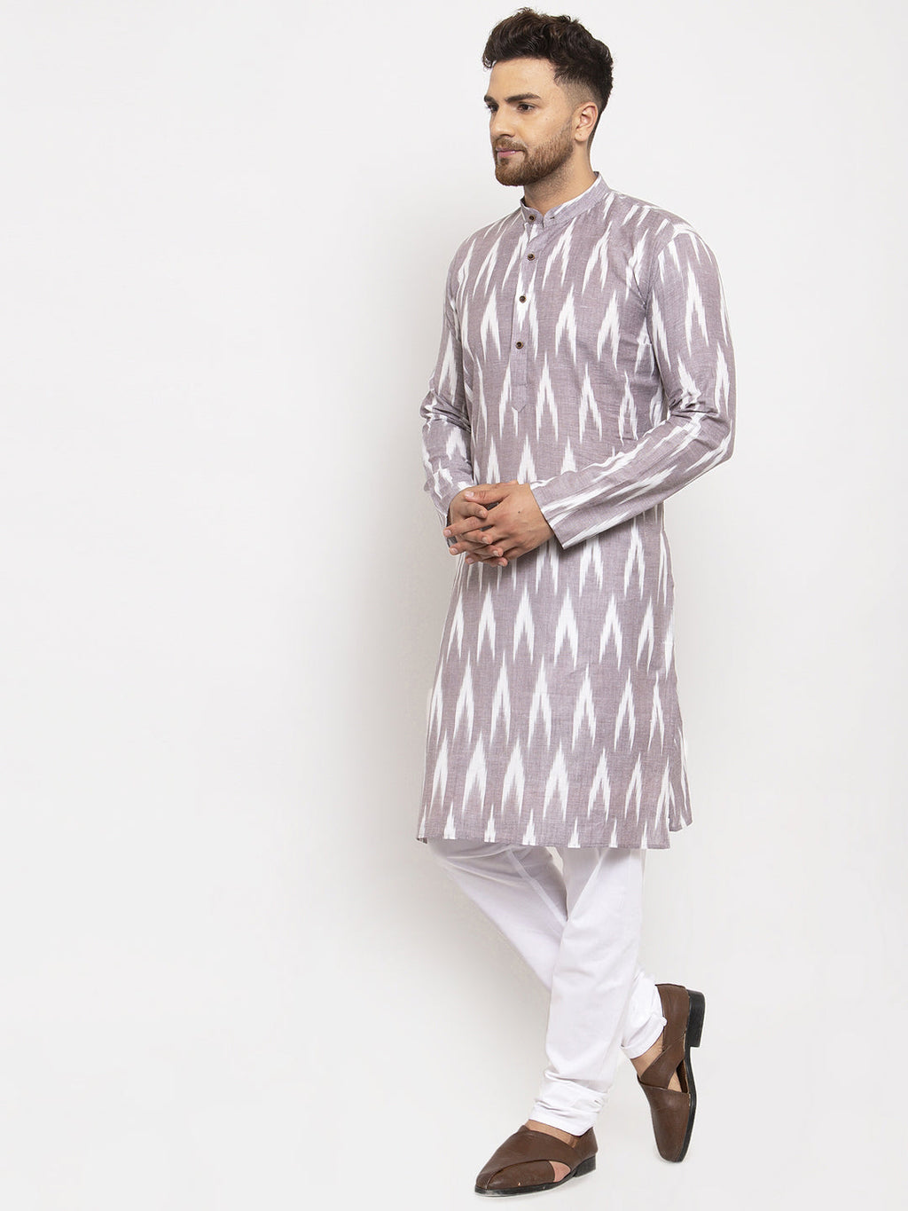 Jompers Men Grey Woven Design Ikkat Straight Kurta with Churidar | Grocsy