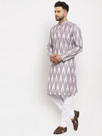 Jompers Men Grey Woven Design Ikkat Straight Kurta with Churidar | Grocsy