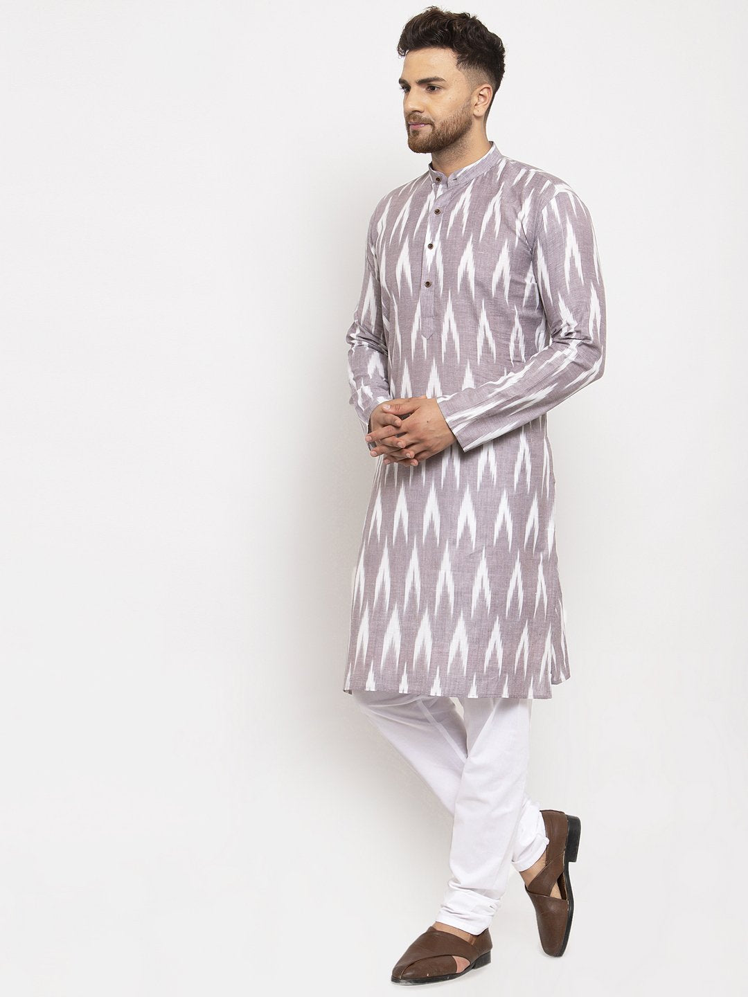 Jompers Men Grey Woven Design Ikkat Straight Kurta Only | Grocsy