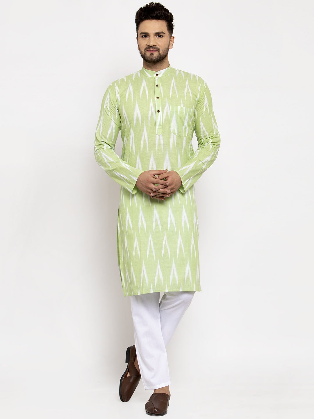 Jompers Men Lime Green Woven Design Ikkat Straight Kurta with Churidar | Grocsy