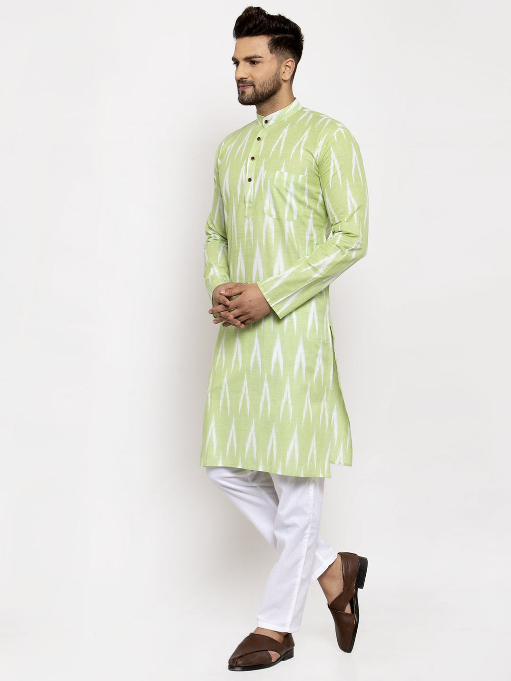 Jompers Men Lime Green Woven Design Ikkat Straight Kurta with Churidar | Grocsy