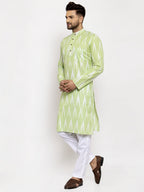 Jompers Men Lime Green Woven Design Ikkat Straight Kurta with Churidar | Grocsy