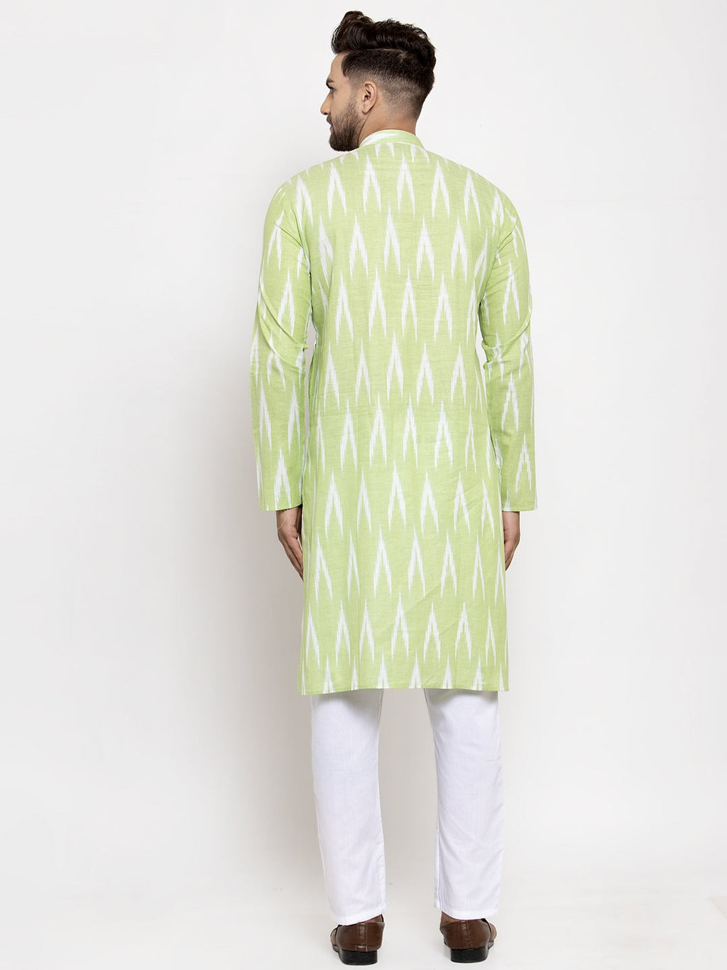 Jompers Men Lime Green Woven Design Ikkat Straight Kurta with Churidar | Grocsy