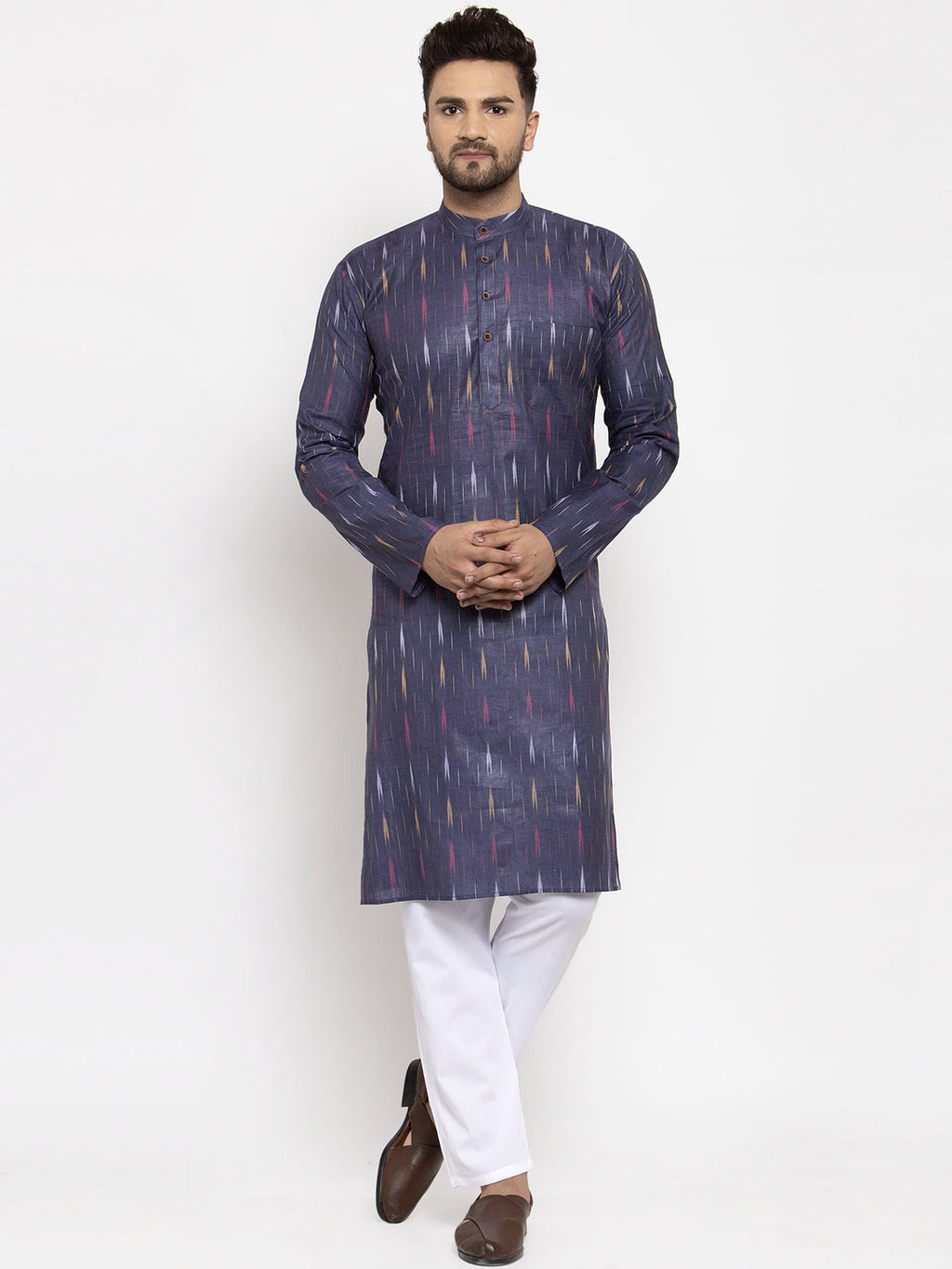 Jompers Men Navy Blue Woven Design Ikkat Straight Kurta with Churidar | Grocsy