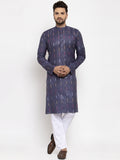 Jompers Men Navy Blue Woven Design Ikkat Straight Kurta with Churidar | Grocsy