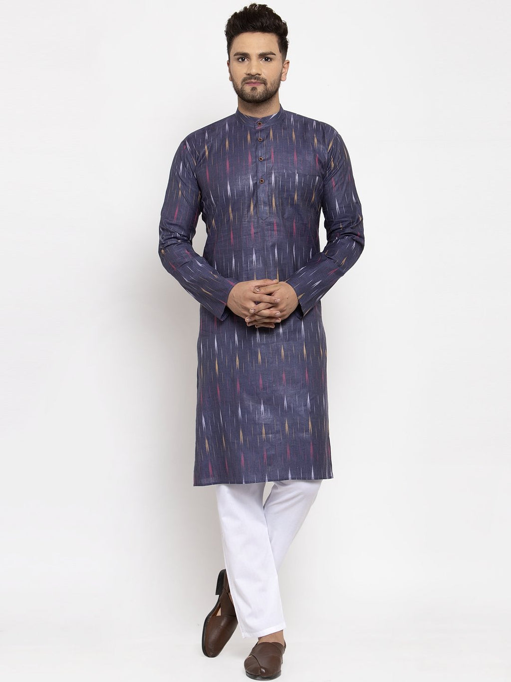 Jompers Men Navy Blue Woven Design Ikkat Straight Kurta Only | Grocsy