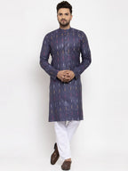 Jompers Men Navy Blue Woven Design Ikkat Straight Kurta Only | Grocsy