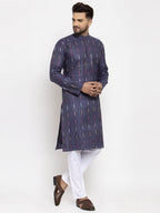 Jompers Men Navy Blue Woven Design Ikkat Straight Kurta with Churidar | Grocsy