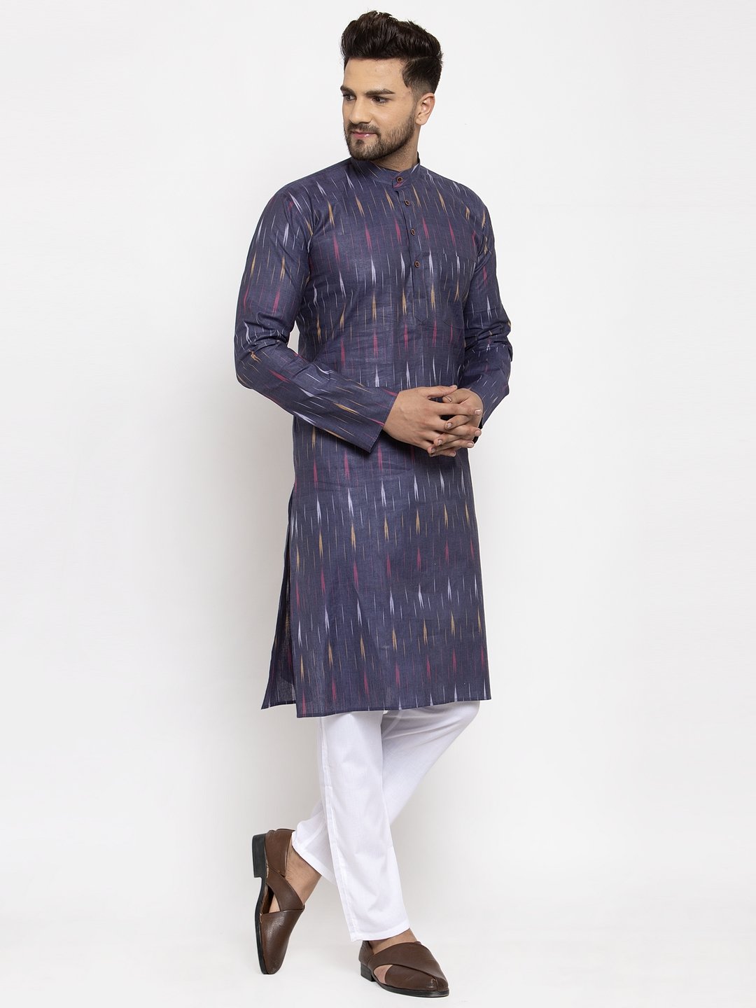 Jompers Men Navy Blue Woven Design Ikkat Straight Kurta Only | Grocsy