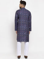 Jompers Men Navy Blue Woven Design Ikkat Straight Kurta Only | Grocsy