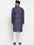 Jompers Men Navy Blue Woven Design Ikkat Straight Kurta with Churidar | Grocsy
